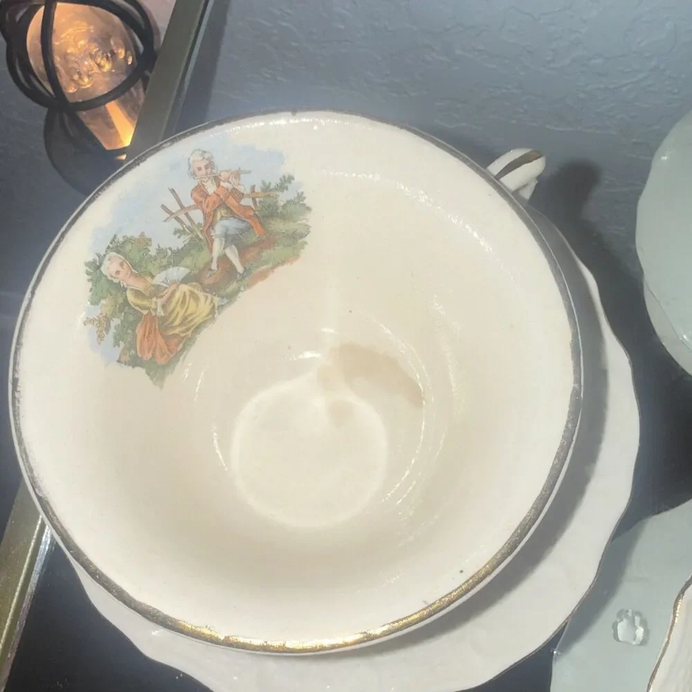 Vintage of 3 Ceramic Tea Cup & Saucer White the mallmars Romantic Couple Scene